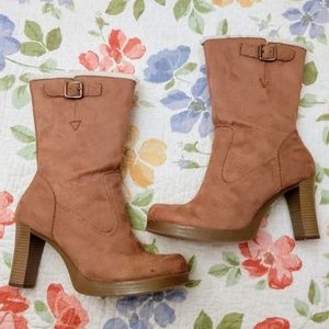 Hot Tomato Tan Mid-Calf Boots with Stacked Heel